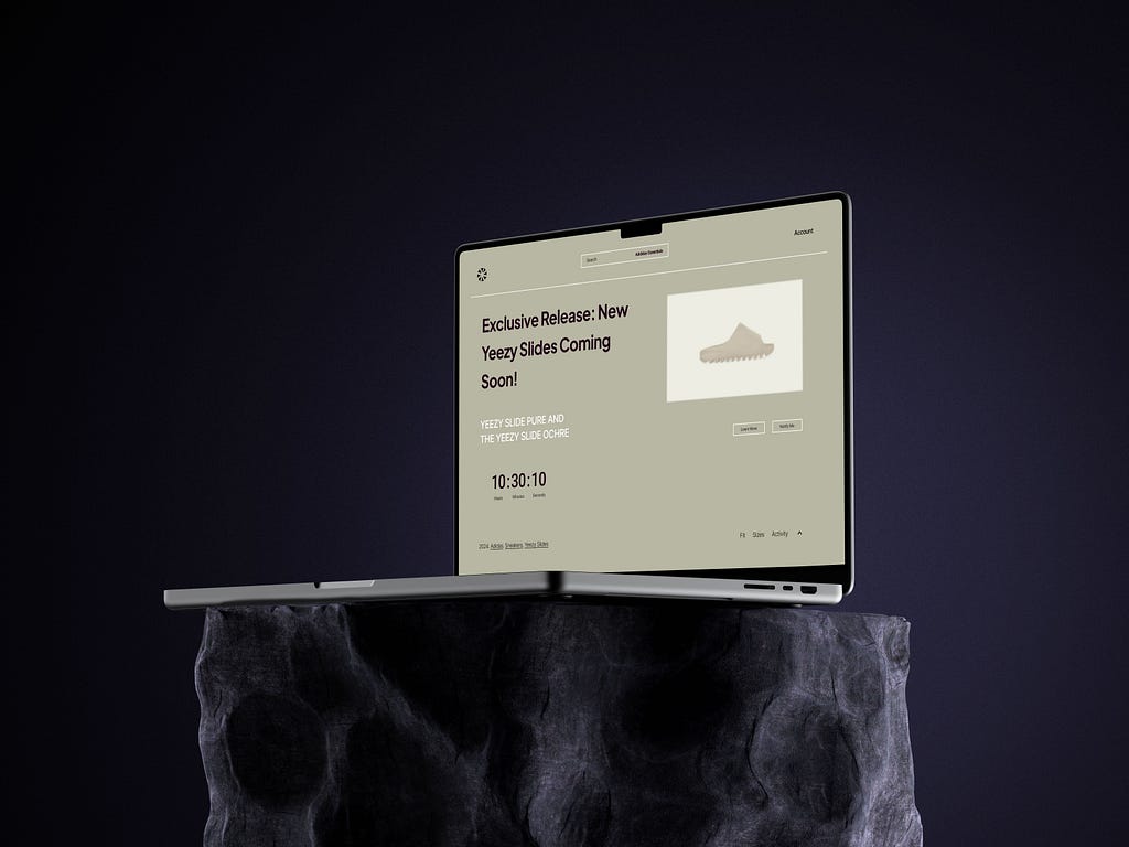 De afbeelding toont een moderne laptop op een getextureerd steenachtig oppervlak. Het scherm toont een aftelling voor een exclusieve release van Yeezy Slides met een eenvoudig ontwerp. De achtergrond is donker en de website heeft een minimalistisch ontwerp in gedempte kleuren.