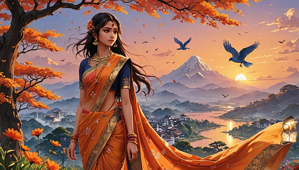 Indian lady in hills with birds and mountain in background
