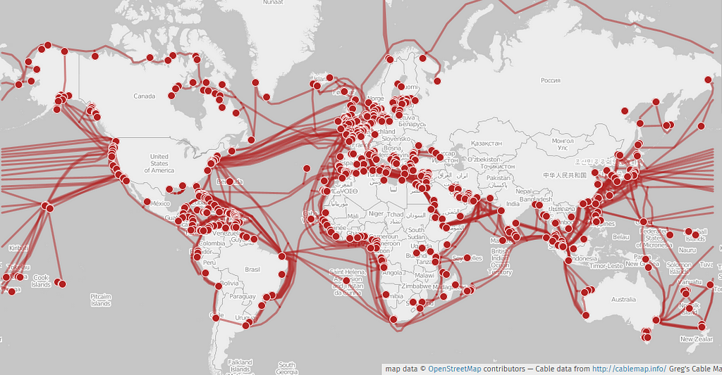 A world map of submarine telecommunications cables as of July 2015