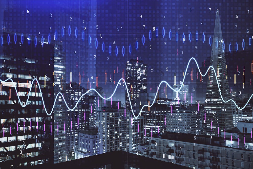 Financial graph on night city scape with tall buildings background multi exposure. Analysis concept.