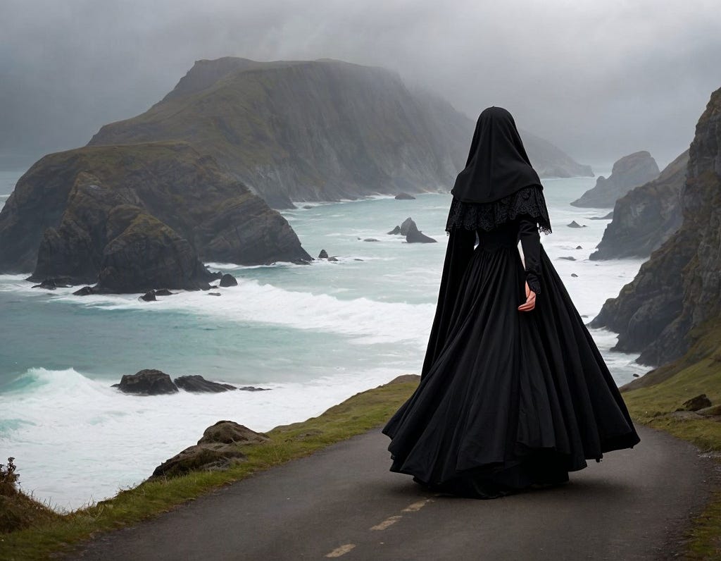 a woman in a black gothic-style cloak stands on a road overlooking a stormy sea