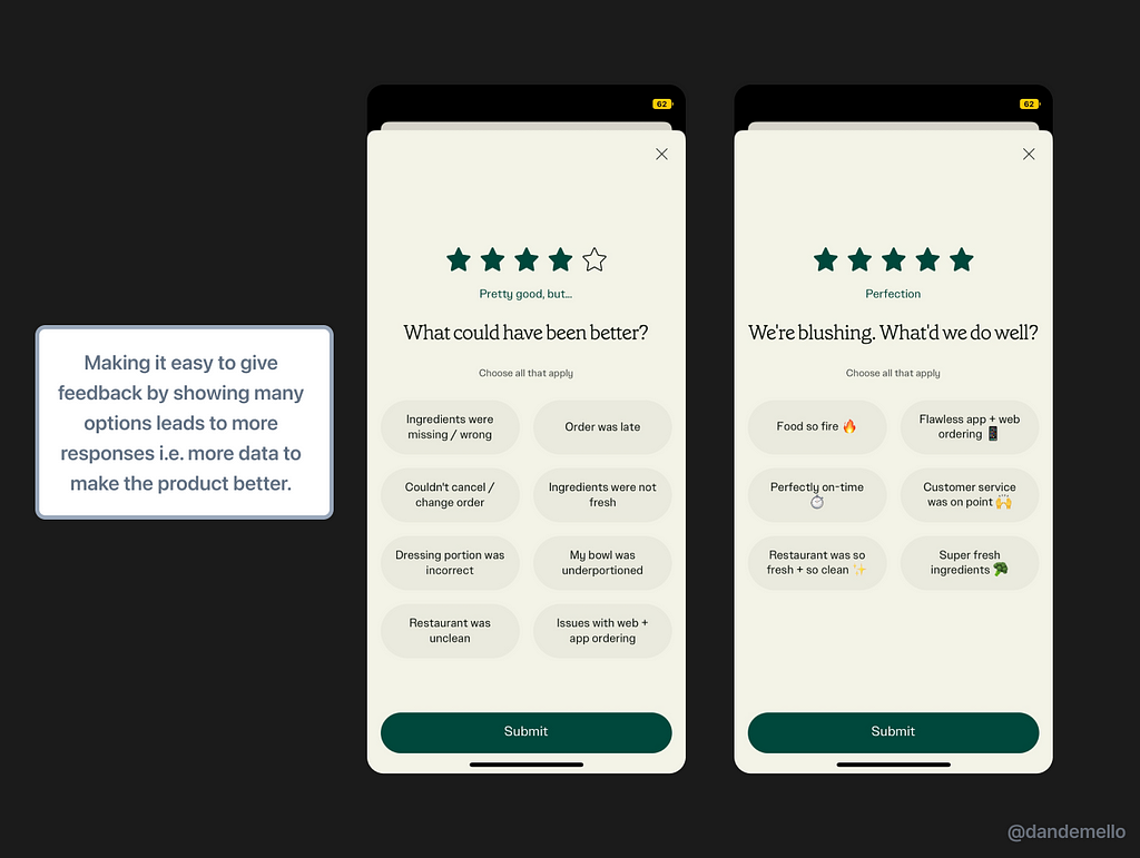Sweetgreen’s review order page with comments highlighting how they made the experience frictionless.