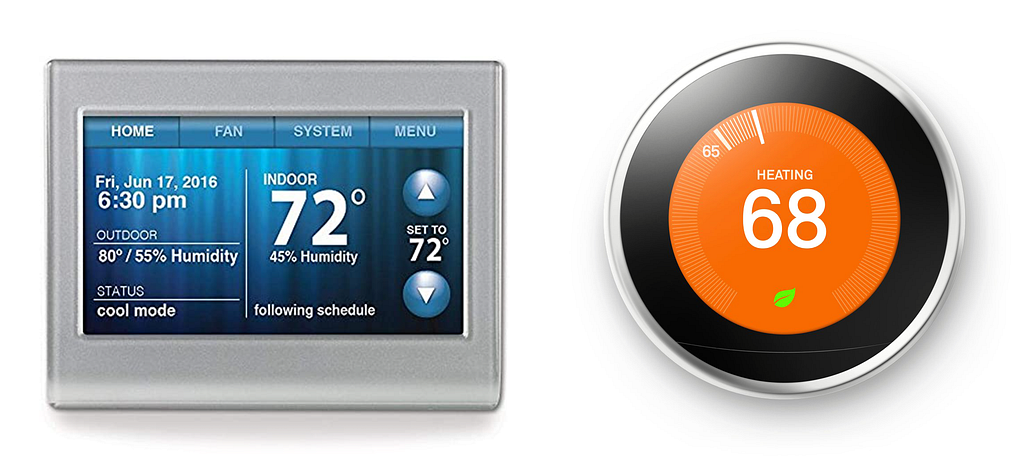 Older, cluttered thermostat and a streamlined new thermostat