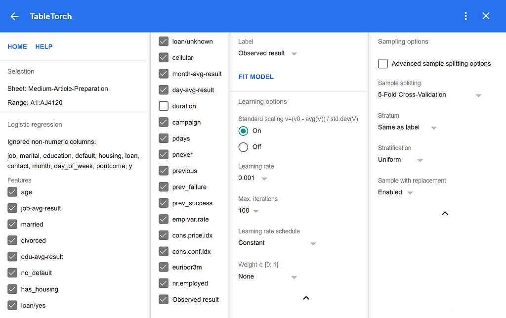 TableTorch add-on for Google Sheets: logistic regression panel with the features selector and controls for learning and sampling options