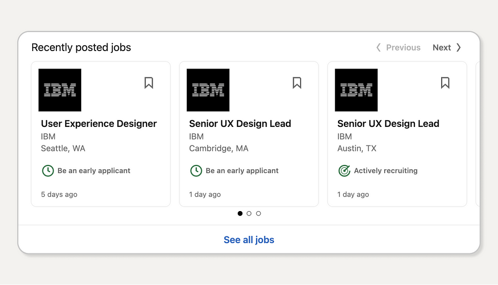 screenshot of IBM job postings on LinkedIn