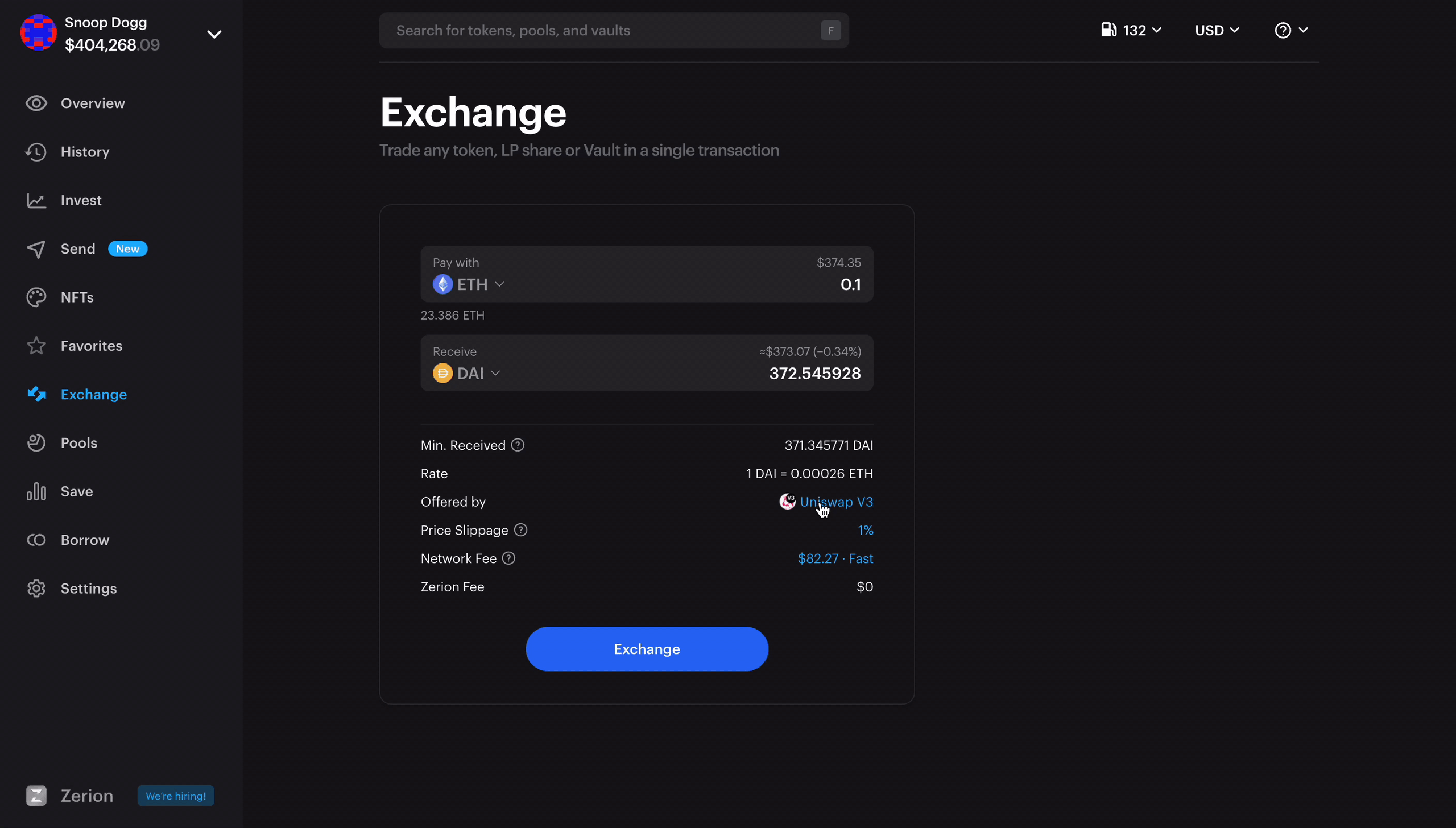 Trade via any decentralized exchange on Zerion