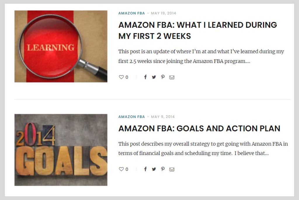 Two blog post images and titles: Amazon FBA: What I Learned During my First 2 Weeks and Amazon FBA Goals and Action Plan