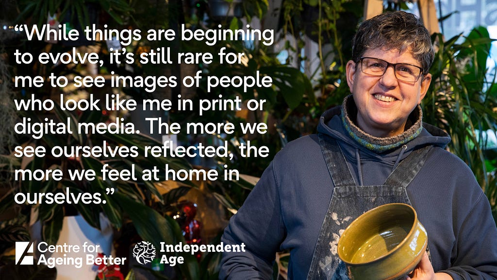 A person stands holding a pot while smiling at the camera. Their quote reads: While things are beginning to evolve, it’s still rare for me to see images of people who look like me in print or digital media. The more we see ourselves reflected, the more we feel at home in ourselves.