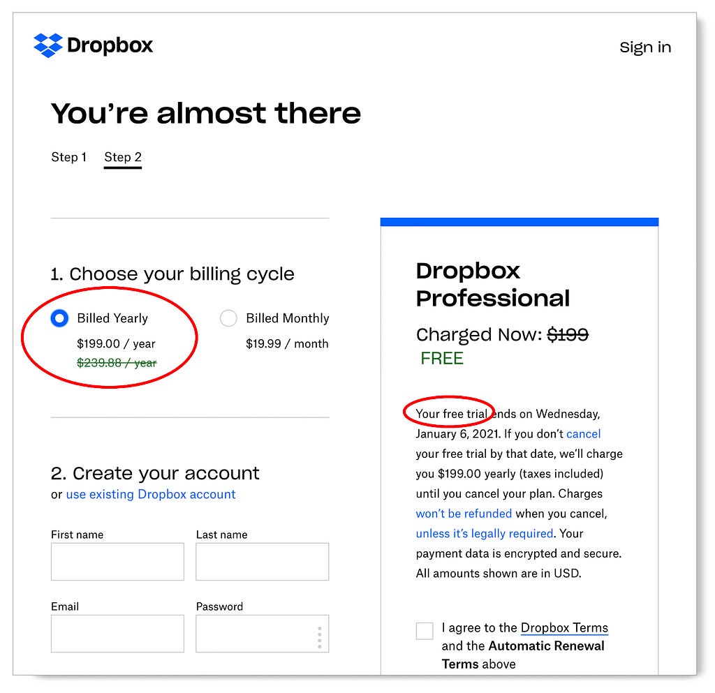 Dropbox Professional “Try free for 14 days” screen