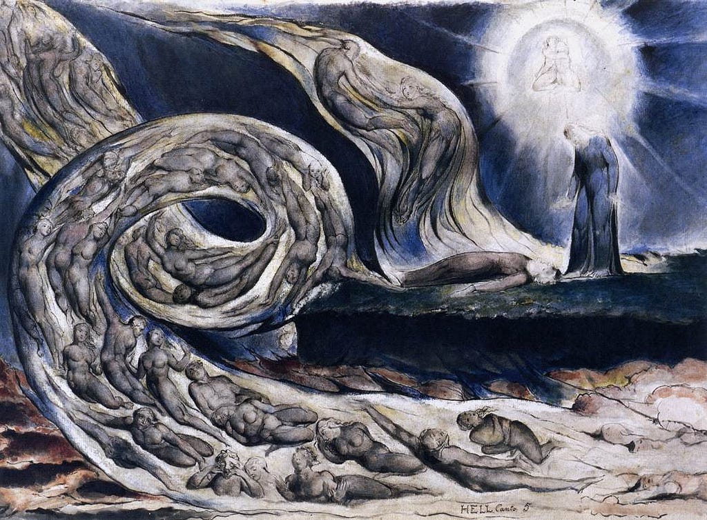 The Lovers’ Whirlwind, Francesca da Rimini and Paolo Malatesta, William Blake