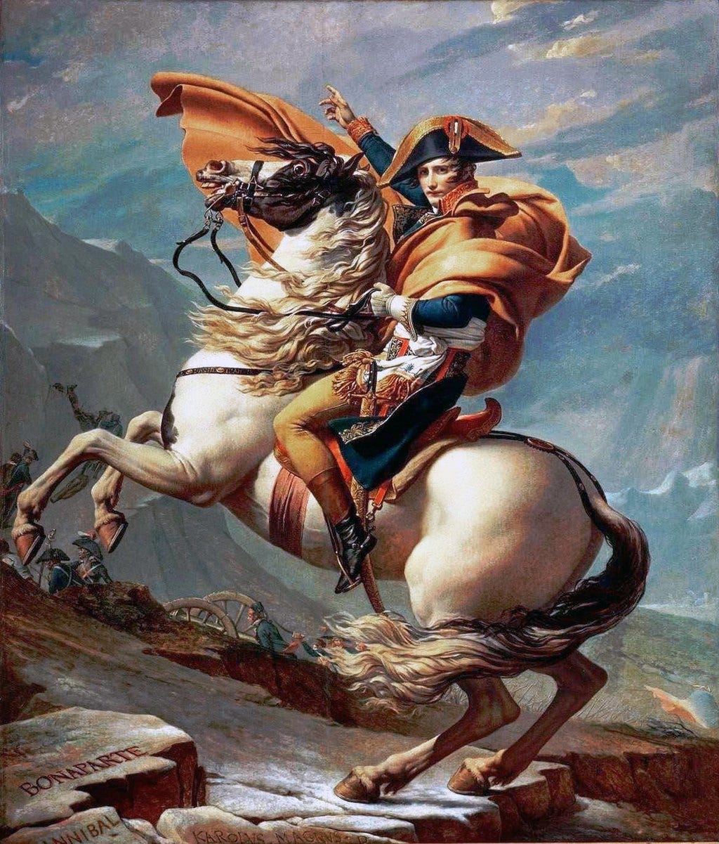 Napoleon crossing the Alps- Jacques-Louis David, Public domain, via Wikimedia Commons