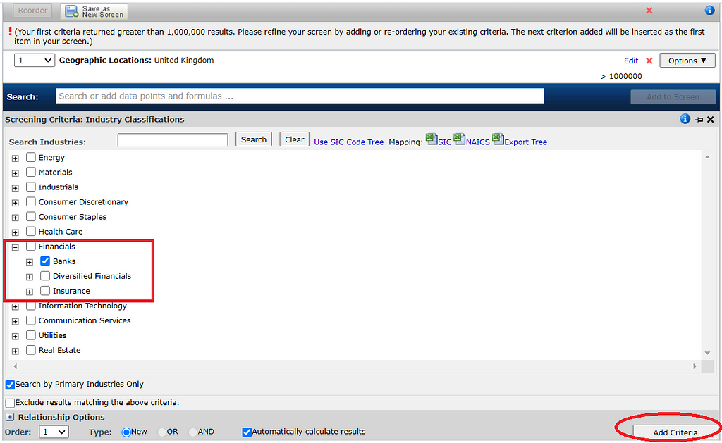 Select ‘Banks’ as the industry classification