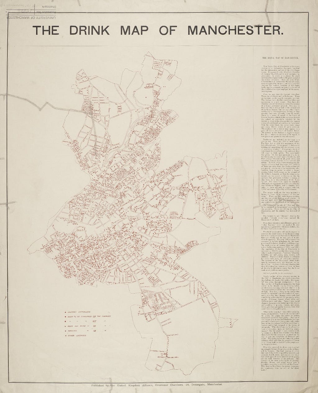 Map of Manchester showing distribution of liquor outlets across the city. These appear as red dots on a white background. The map is accompanied by text prepared by the Temperance movement