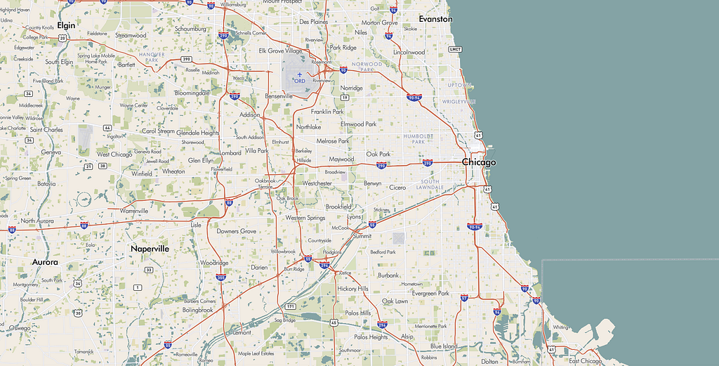 Prototype design created in Mapbox Studio, focused on Chicagoland, influenced by vintage maps