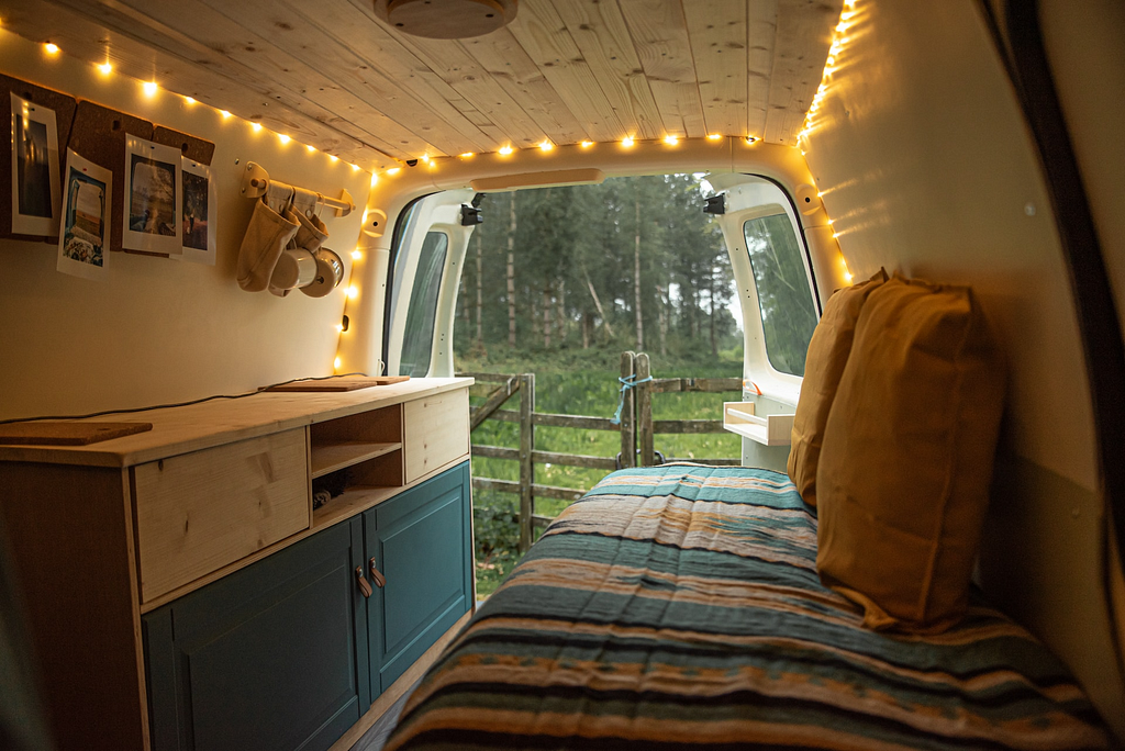 Interior of microcamper with fairy lights