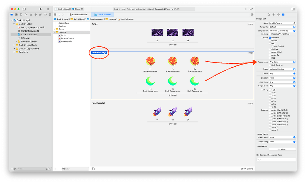 Screenshot indicando com setas apontando para os modos de aparência clara e escura dos assets no Xcode.