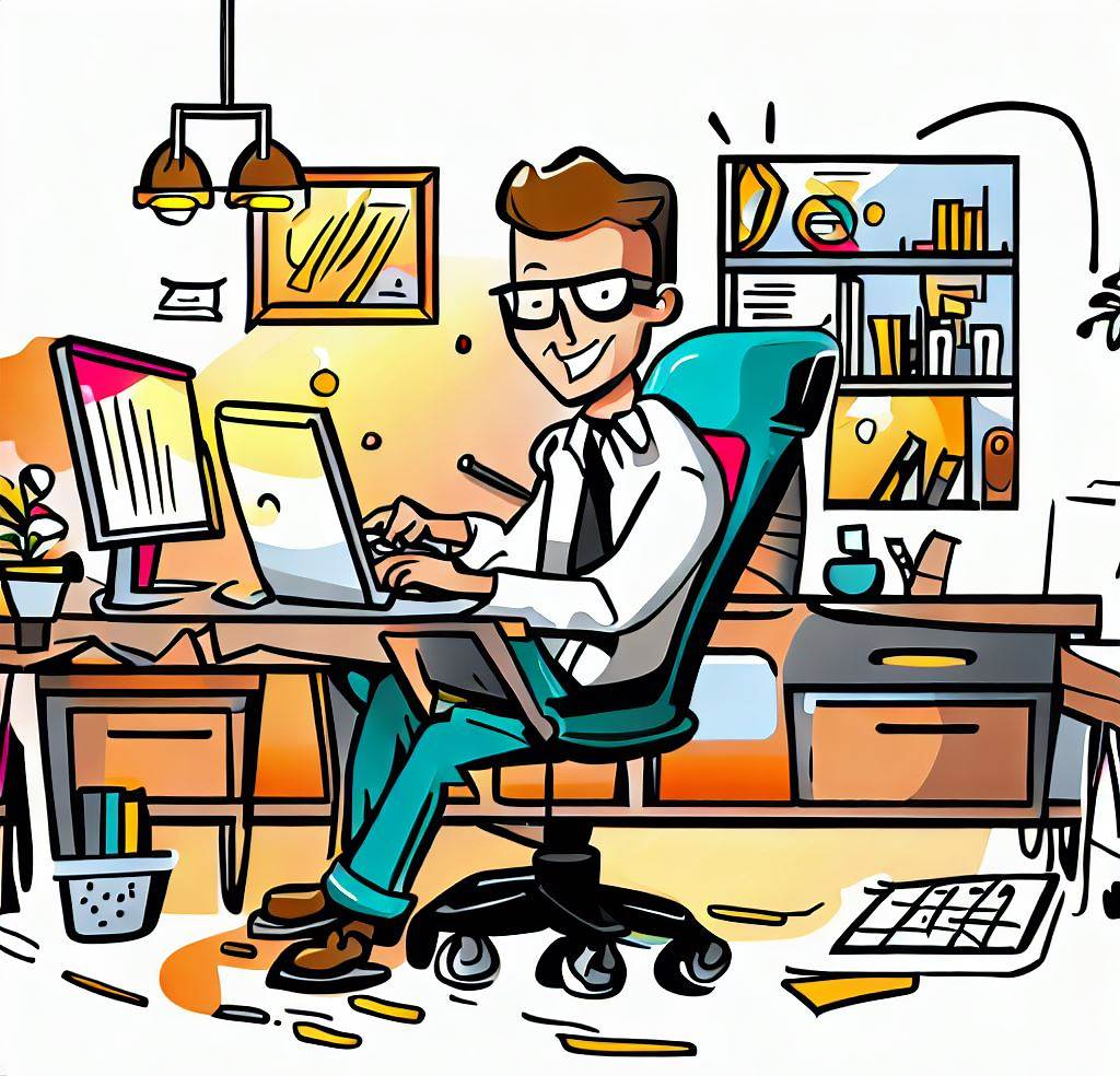 A picture of a person sitting at their desktop on a computer with a lot of random things in their office space