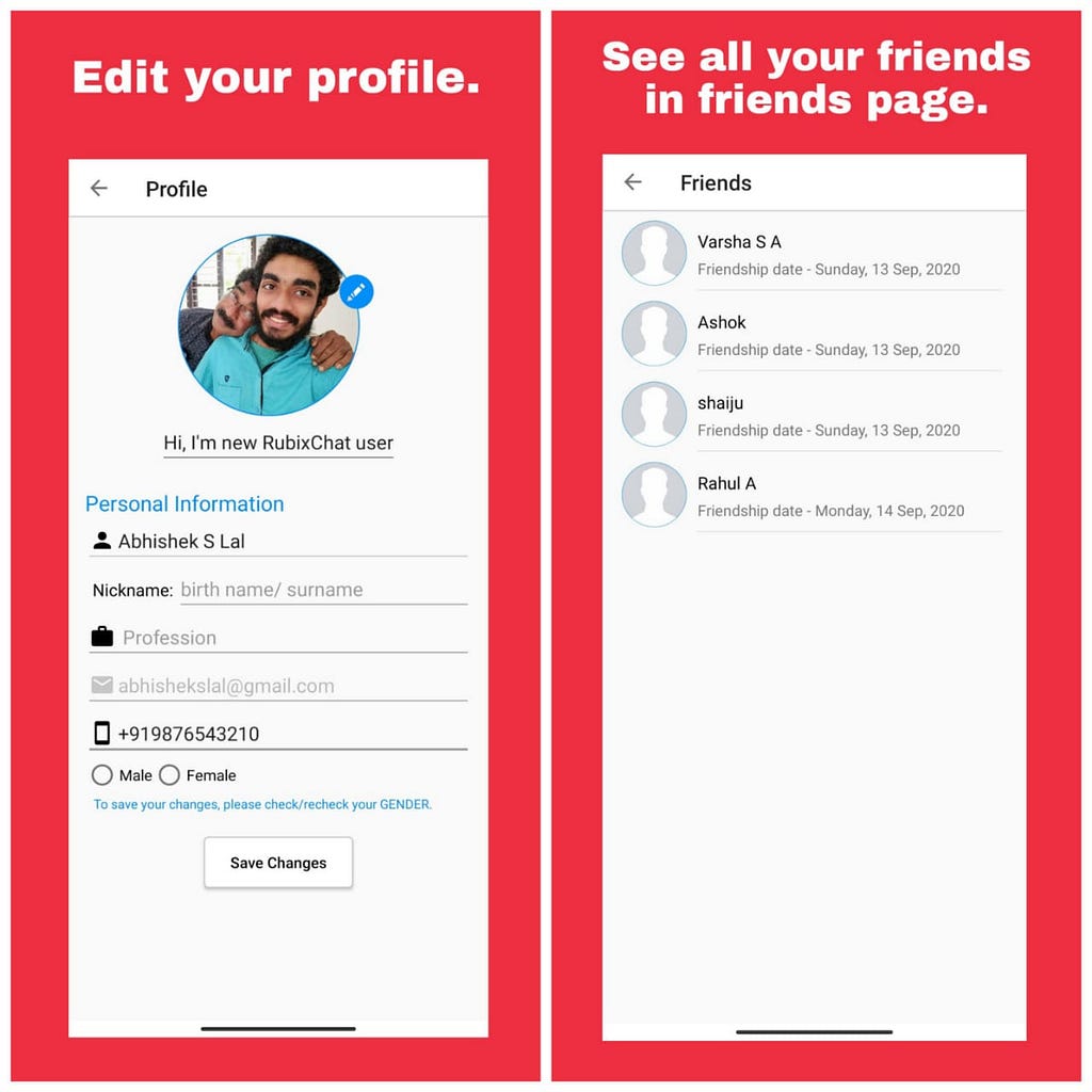 Screenshots of Edit Profile and Friends page.