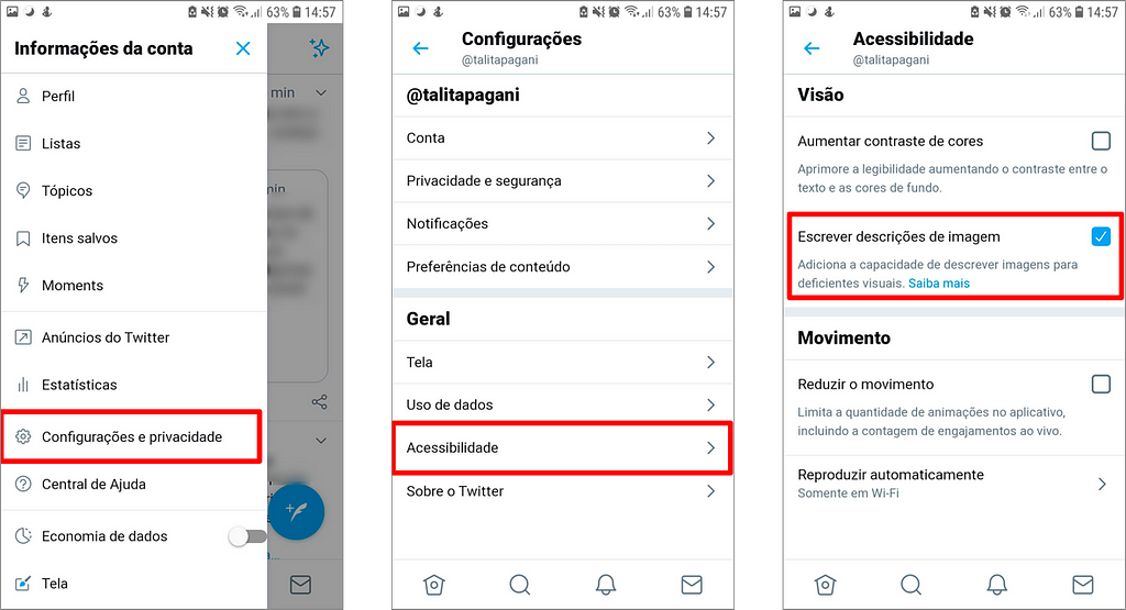 Telas da versão para dispositivos móveis do Twitter para chegar à opção de texto alternativo.