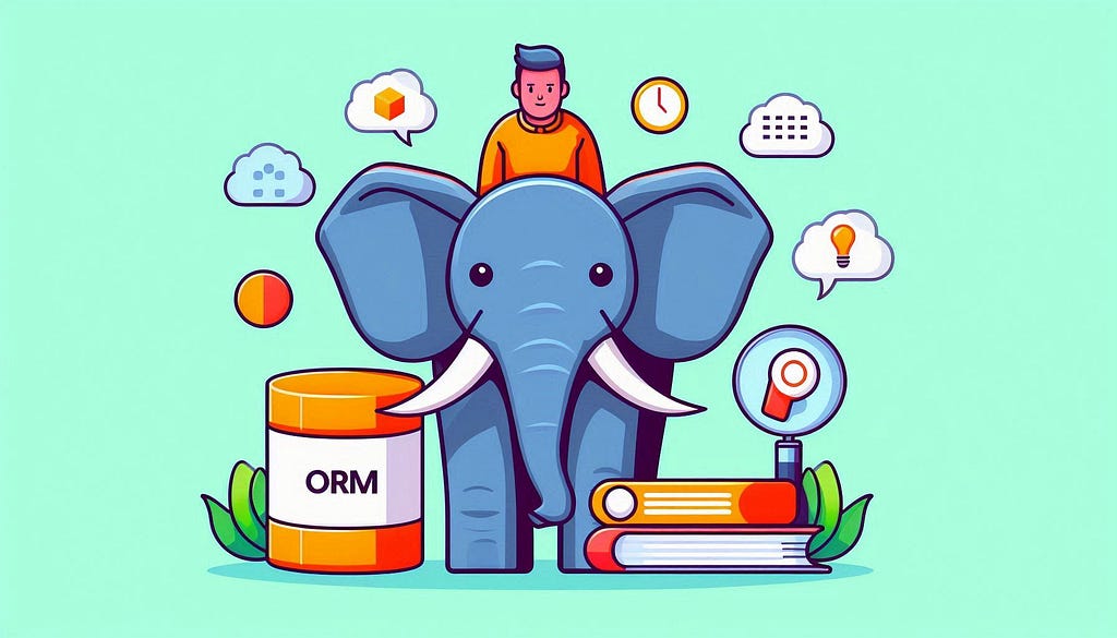 A man with an orange sweat shirt riding a blue elephant with books on the floor and a barrel with the name “ORM” written on it. A few speech bubbles with emojis are flying on top of the man and the elephant