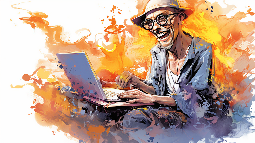 Midjourney image of a guy in a hat, happy and working on his laptop.