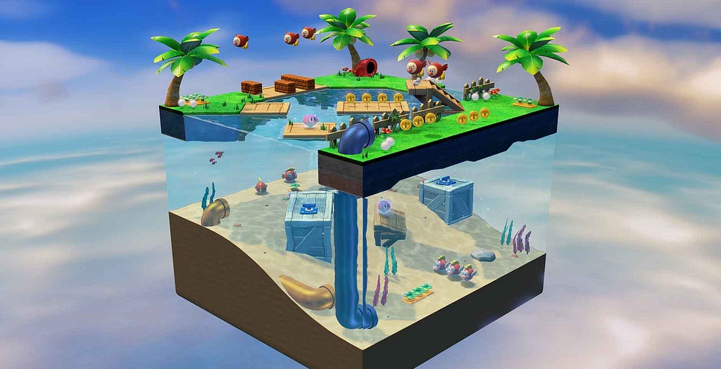 A screenshot of the Captain Toad: Treasure Tracker game depicting a cubic, isolated beach environment