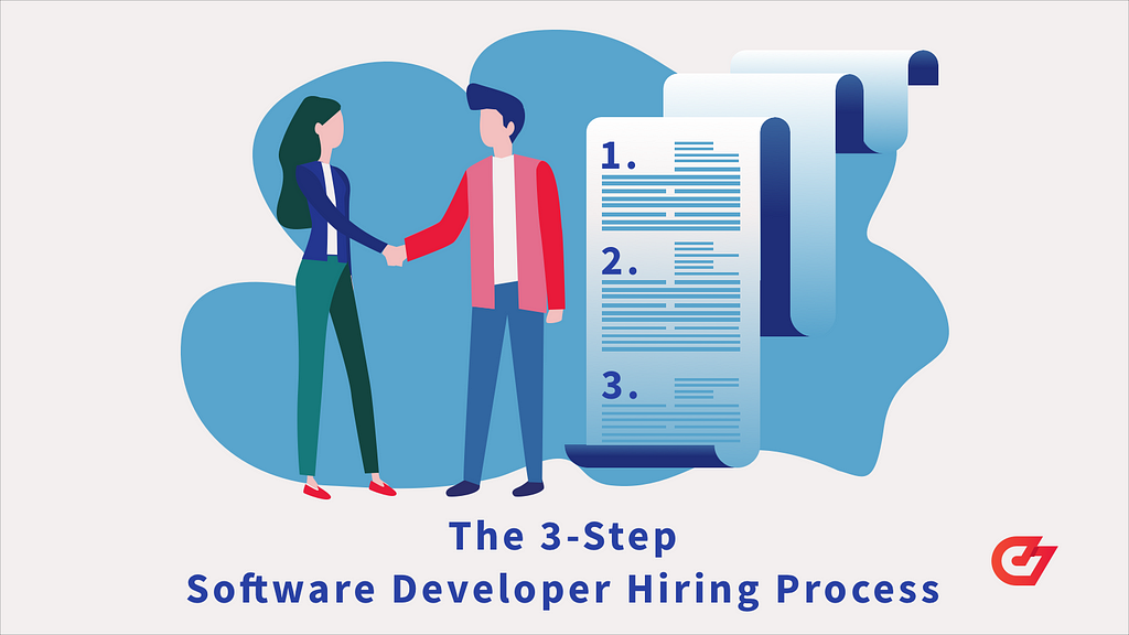 A hiring manager and a software engineer are shaking hands. “The 3-Step Software Developer Hiring Process by CodeSubmit