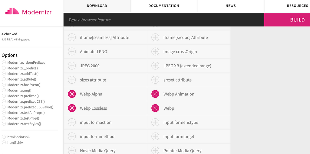 Modernizr Download page — WebP features selected