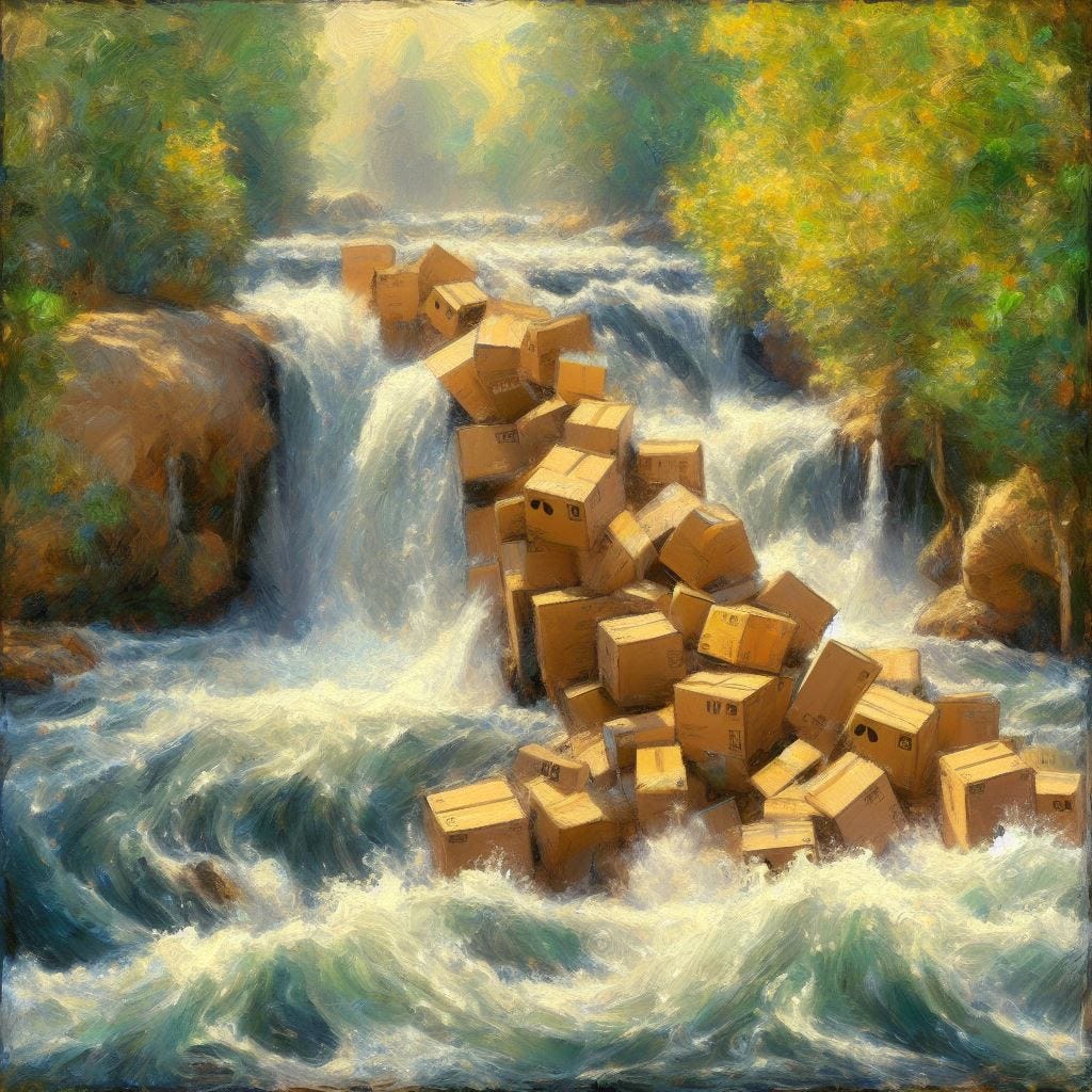 A queue of cardboard boxes flowing over a waterfall