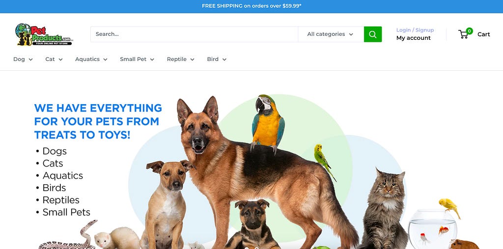An pet product online store where the main menu goes as dogs, cats, aquatics, small pet, reptile and bird