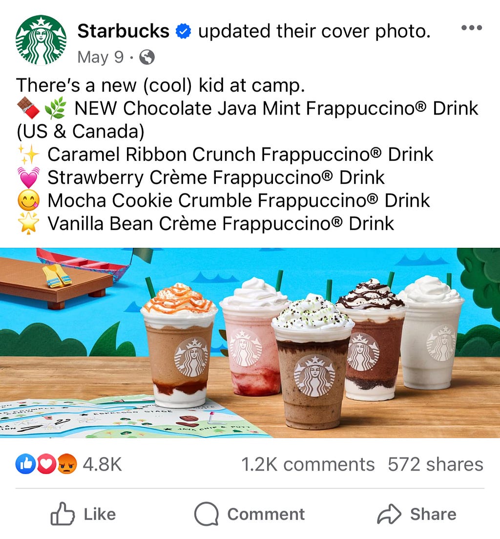 Screen capture of Starbucks Facebook cover photo update showing 5 summer Frappuccino flavors with reactions and comments underneath.