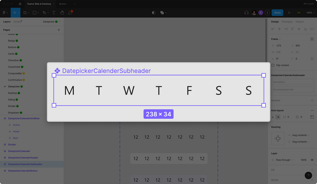 DatepickerCalenderSubheader component in Figma UI