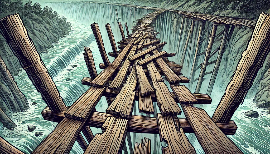 Visual representation of a footbridge over a flowing river with some broken planks.