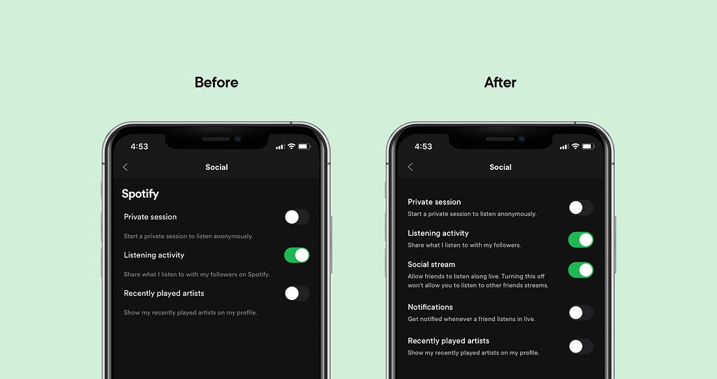 Left to right: Spotify’s existing and suggested social settings pages.