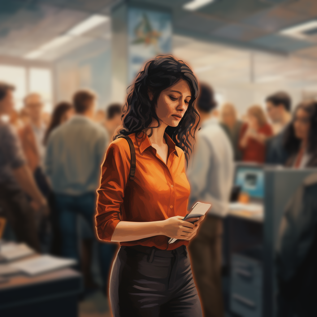 A young woman researcher in an office, standing apart with her back to everyone else in a crowded office, looking sad.