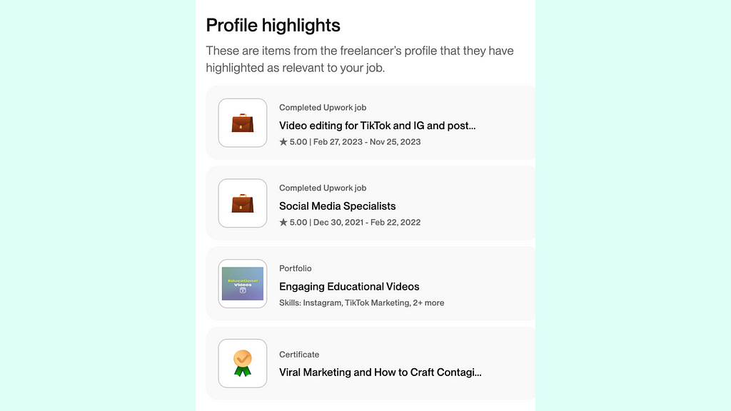 how to use profile highlights upwork example