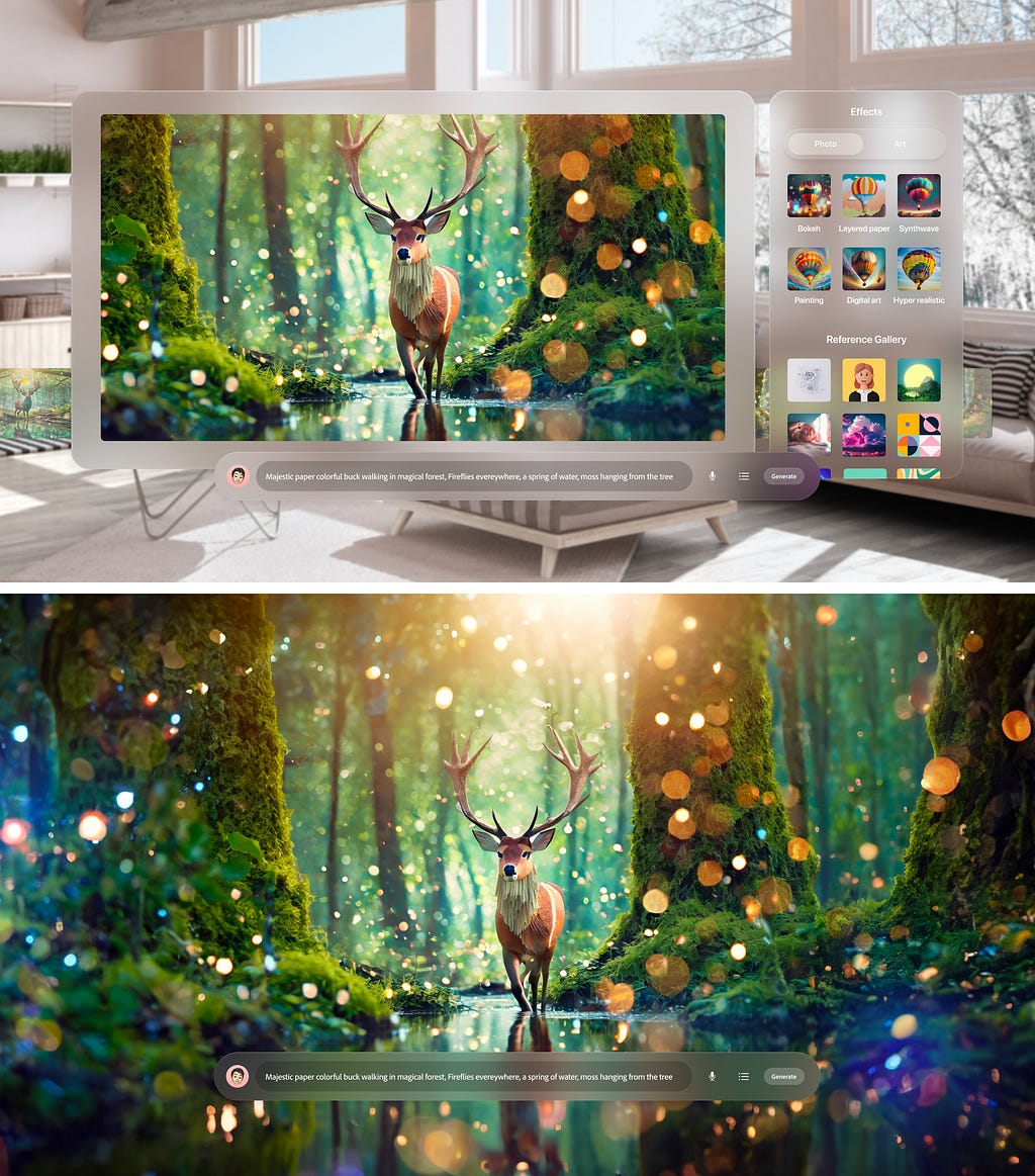 Two images stacked. In the top image a computer screen is superimposed over the center of well-lit, light-colored living room with multiiple windows, bookshelves and comfortable seating. On the computer screen is a AI-generated image of a buck composed of paper walking through a pool of water in a forest filled with dappled light and beneath it, in a prompt bar is the prompt,Majestic paper colorful buck walking in magical forest, fireflies everywhere, a spring of water and moss.
