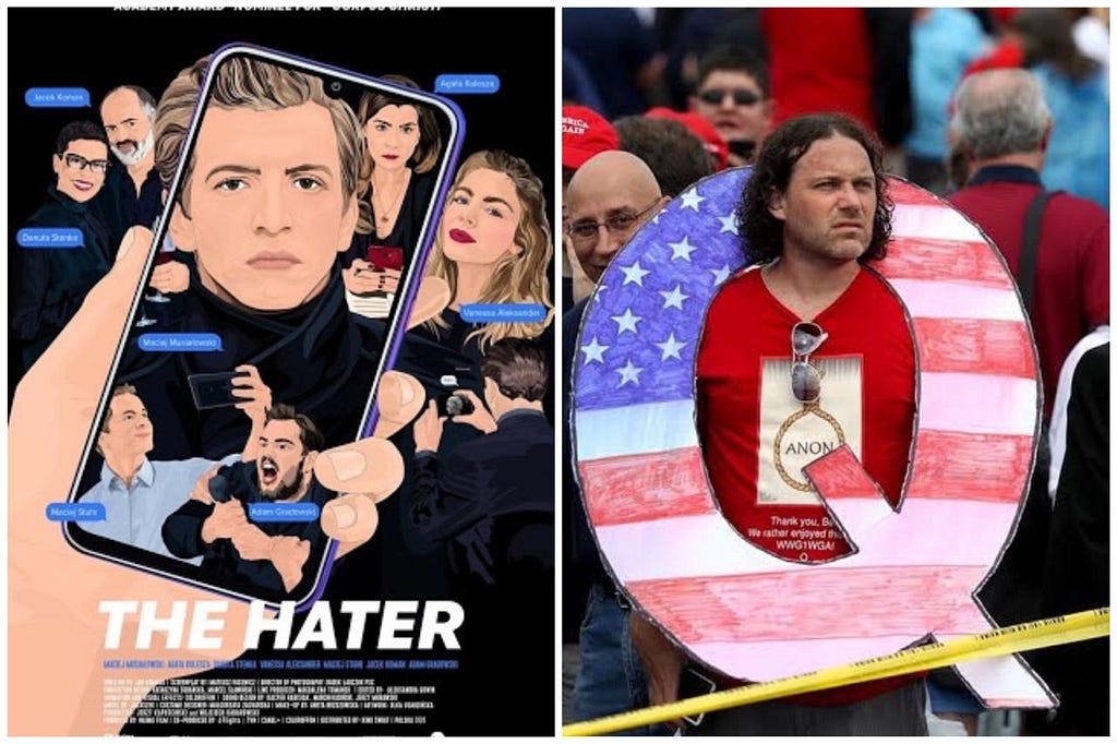 Cartaz do filme “The Hater” e apoiador do grupo QAnon em comício do presidente Trump