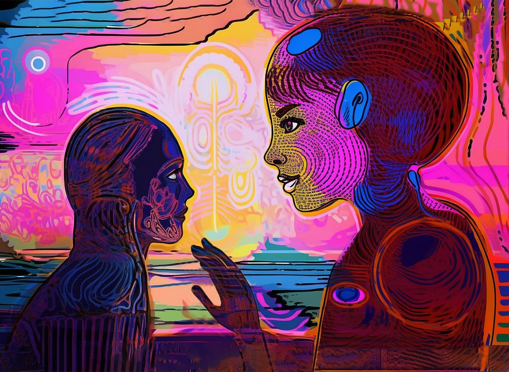 An AI-generated psychedelic image of a woman talking to a robot, asking for assurance about her fear of being replaced. The robot is reassuring her.