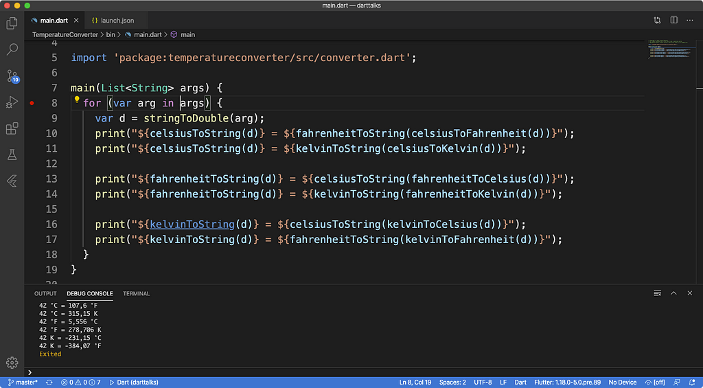 Screenshot of a Dart file being executed in Visual Studio Code