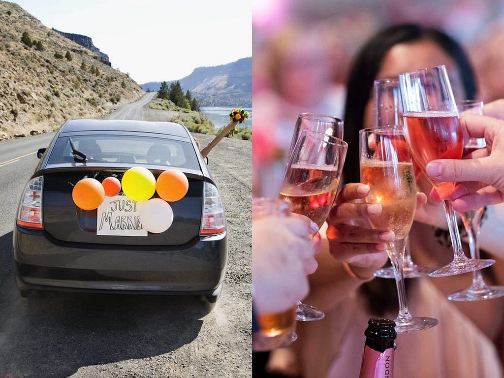 A car with just married balloons (left) and a wedding guest raising their glasses for a toast (right).
