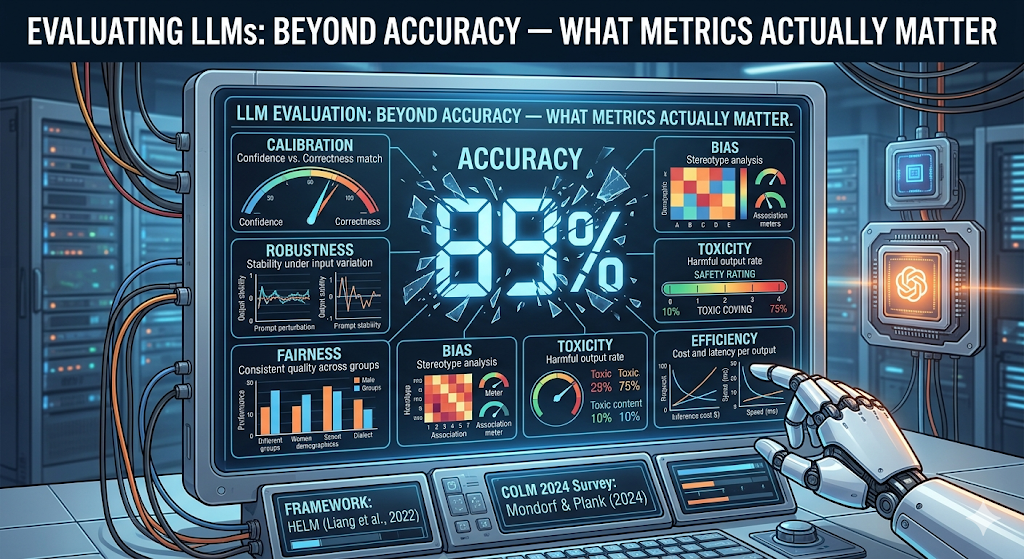 A dashboard display showing six LLM evaluation metrics — calibration, robustness, fairness, bias, toxicity, and efficiency — surrounding a cracked “85%” accuracy score in the centre, illustrating that accuracy alone is insufficient for evaluating large language models. Framework credits at the bottom read: HELM (Liang et al., 2022) and COLM 2024 Survey: Mondorf & Plank (2024).