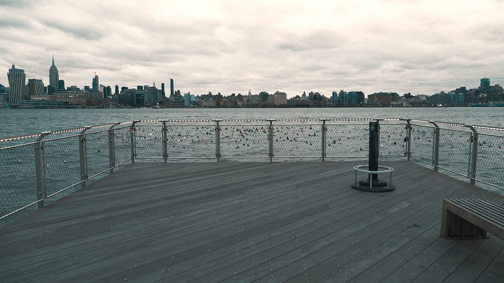 Lockets for lovers on the pier overlooking the Hudson River with Manhattan beckoning to the east.