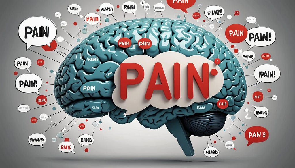 Artist impression of human brain with speech bubbles saying “pain”