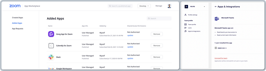 A composition of two screenshots showing how apps are managed in Zoom and Miro. The first screenshot shows a list of all added apps in Zoom. The second screenshot shows an example of installed apps in Miro.