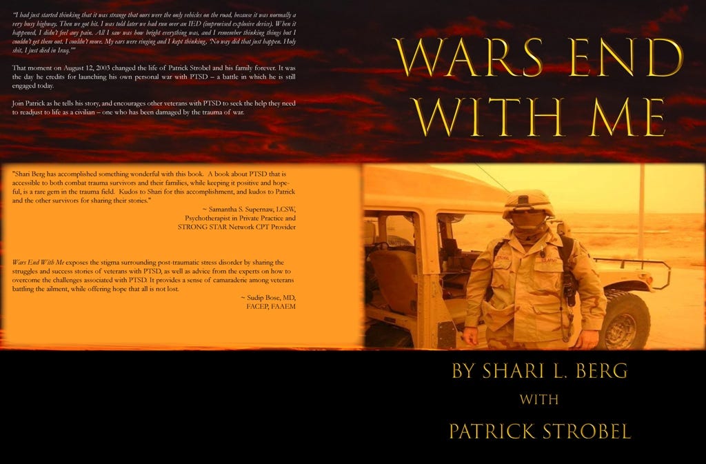 The front and back covers of the self-published book “Wars End With Me” by Shari Berg with Patrick Strobel. The book is available on Kindle Direct Publishing.