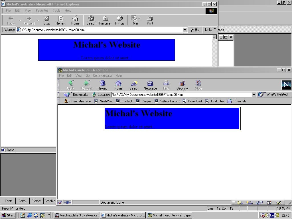 Screenshot of Windows 98 with Internet Explorer and Netscape Navigator opened — shows fixed problem with background rendering on Netscape Navigator.