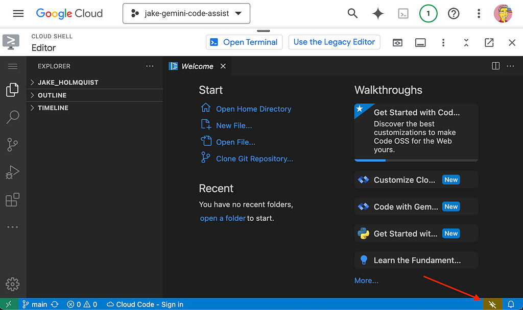 Google Cloud Shell Editor full page with a red arrow highlighting the Gemini Code Assist icon with a line through it denoting that it is currently disabled.