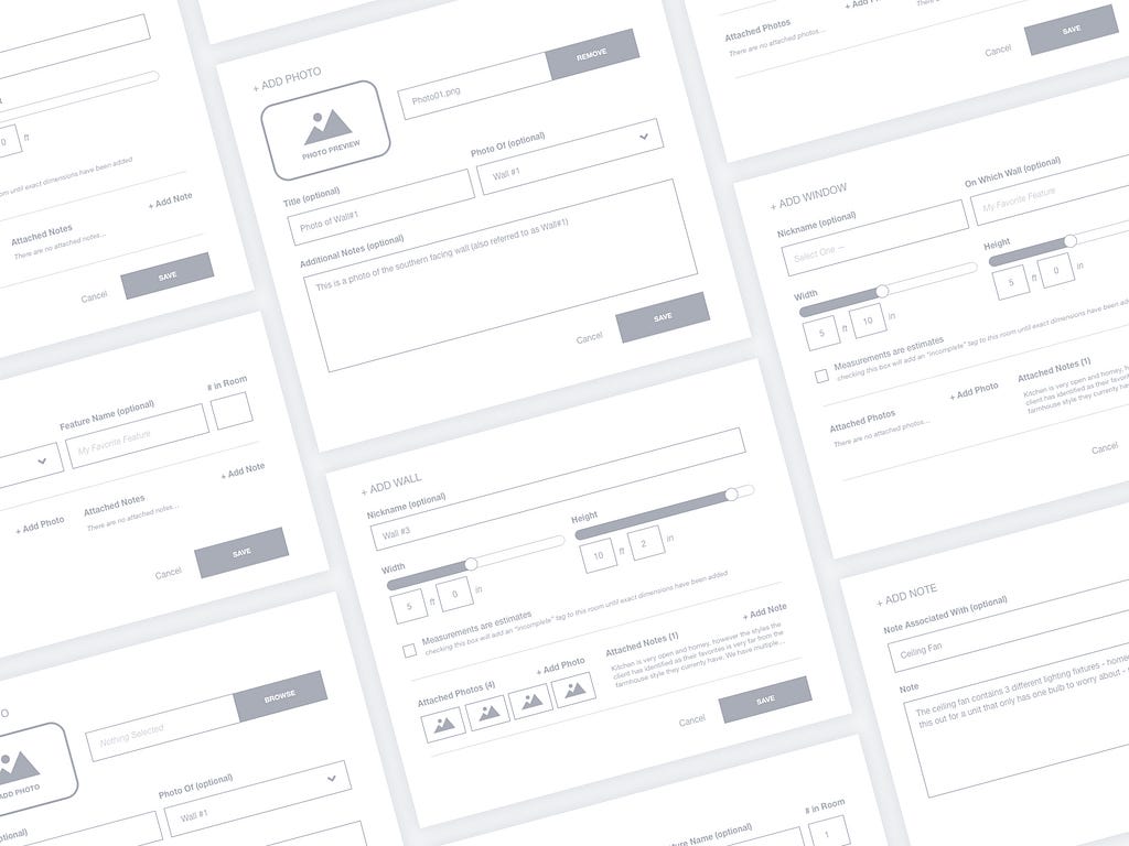 black and white wireframe components for client TreeHouse